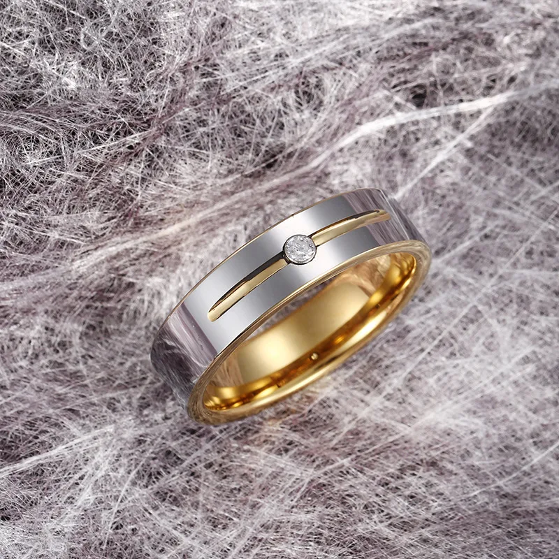 Lover's Jewelry: Gold Tungsten Steel Couple Ring with Inlaid Zircon Diamond