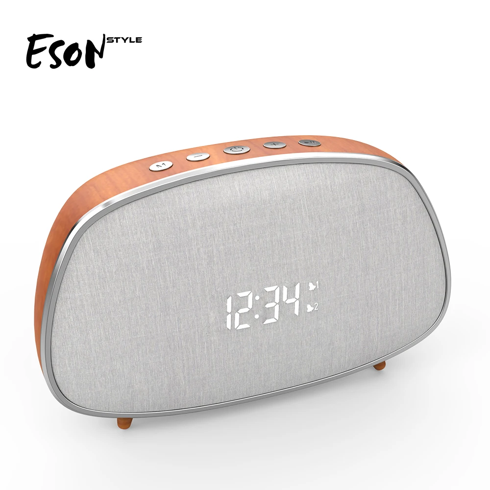Eson Style Retro Dual LED Digital Alarm Clock FM Radio with Stereo Sound Wooden Wireless Bluetooth Speaker
