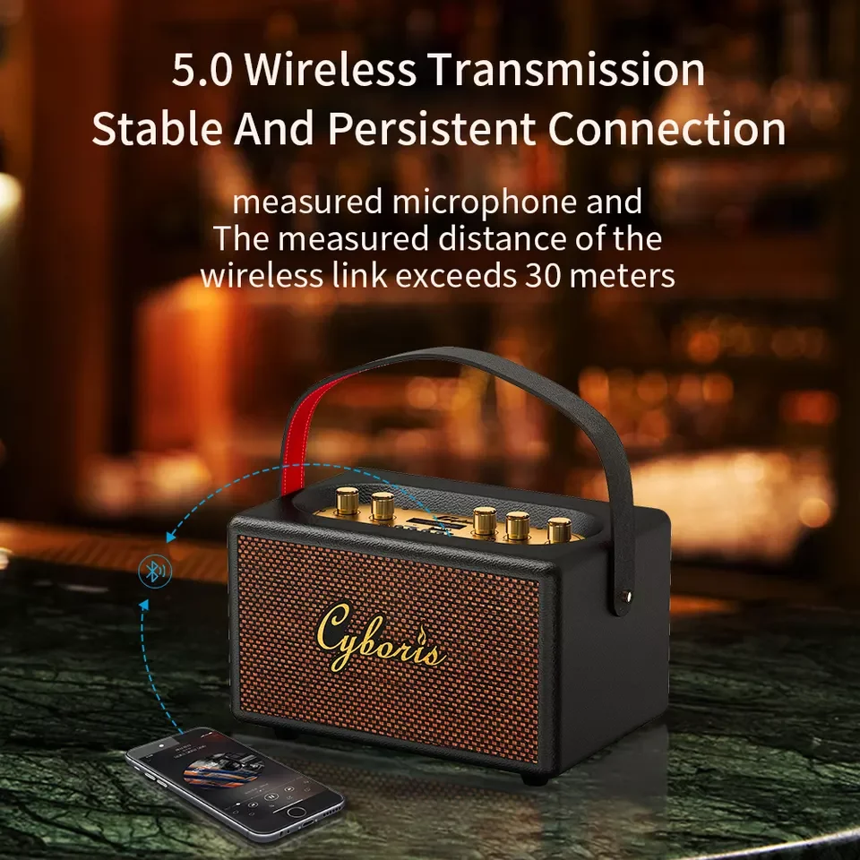 80W Retro Karaoke Wireless Portable Speaker with Microphone Support AUX IN/TF/U card/Mic /Dual 6.35mm Aux Ports