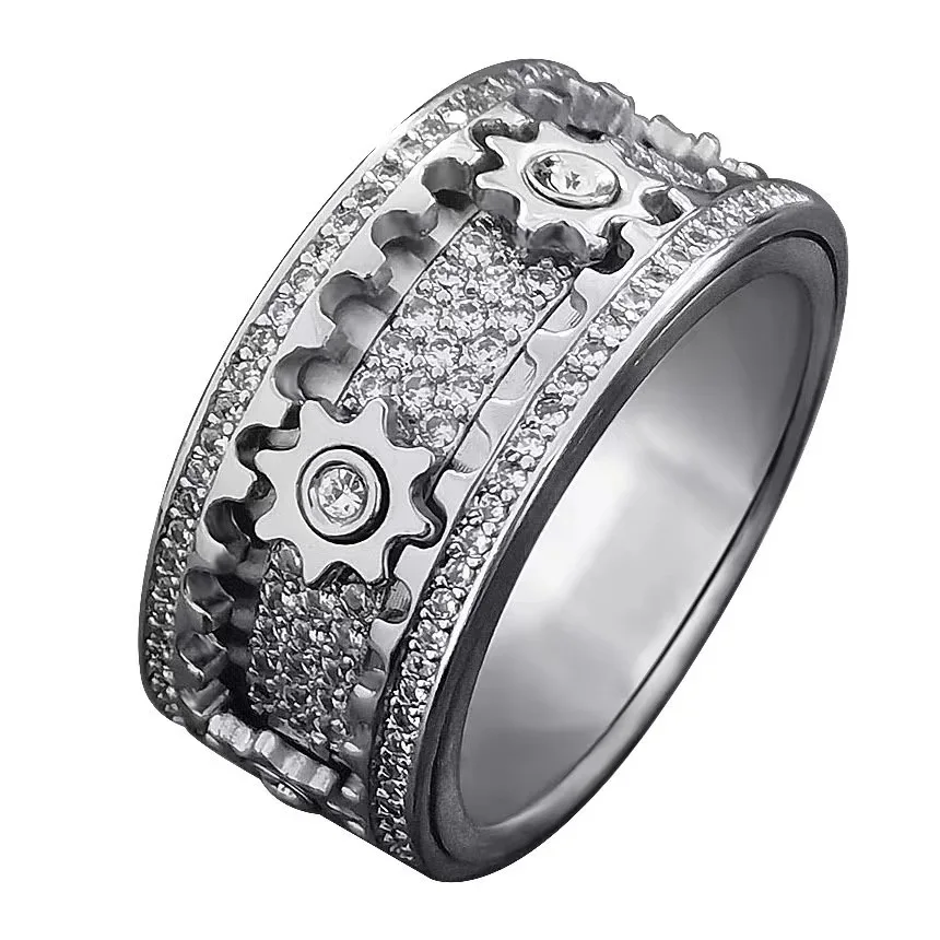 Gypsophila Pariculata Gear Spinner Rings - Mechanical Rotating Gemstone Design for Couples