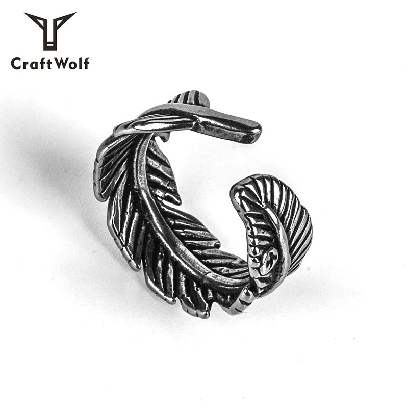 Craft Wolf Fashion Custom Jewelry: Unisex Vintage Indian Feather Ring in Silver and Bronze Stainless Steel for Men and Women