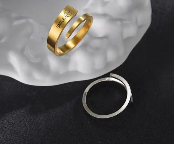 Smooth Engraved 304 Stainless Steel DIY Couple Rings - Simple, Adjustable Open Design with Up and Down Dislocation - Titanium Steel