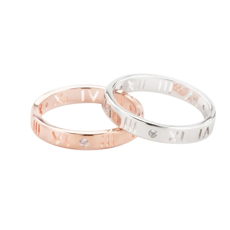 Korean-Style 18K Rose Gold Couple Rings with Roman Diamond - Simple Elegance